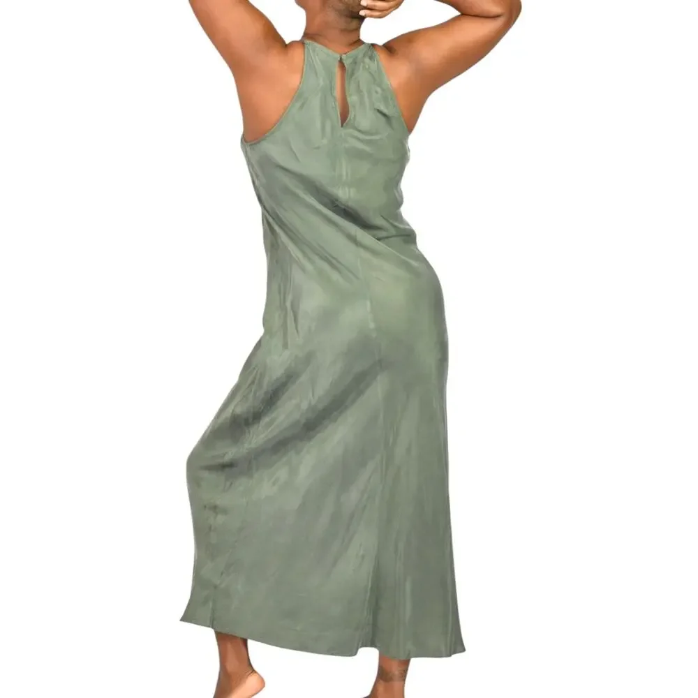 J Crew Amber Slip Dress Green Cupro Halter Maxi Bias Keyhole Silky Slipdress 6